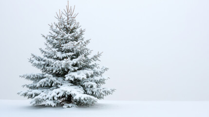 Fototapeta premium Serene snow covered Christmas tree, winter wonderland. Peaceful, quiet beauty