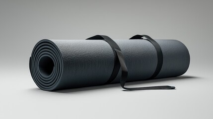 Rolled-up dark gray yoga or exercise mat with black carrying straps.