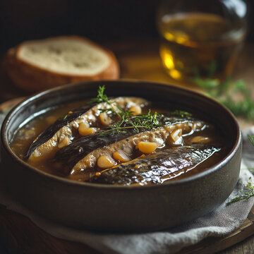 Artistic shot of surstr&ouml;mming with light, earthy tones