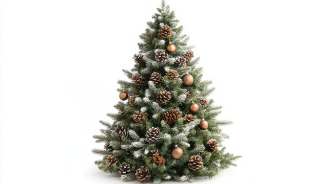 frosted Christmas tree, adorned with pinecones and copper ornaments, evokes feeling of cozy winter warmth