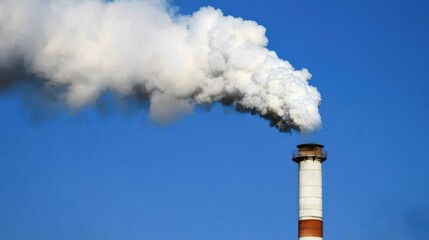 A tall smokestack emits white smoke against a clear blue sky, highlighting industrial activities and environmental concerns.