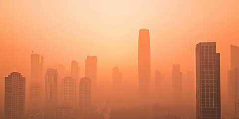 A hazy city skyline at sunset, shrouded in orange fog, featuring tall buildings that create a mysterious atmosphere.