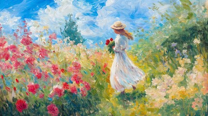 Woman in White Dress Picking Flowers in Garden