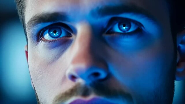 A focused Caucasian man with blue eyes and a contemplative expression concept of determination and introspection