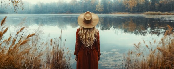 Autumnal Lake Photography A Creative Session with a Cinematic Vibe Experience the beauty of a serene autumnal lake reflected in a woman's pensive gaze This creative photography session evokes a