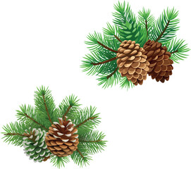 Pine cones hanging from evergreen branches creating festive corner decorations