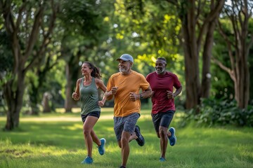 Friends enjoying an energetic morning run in a lush park, embracing fitness and friendship surrounded by nature\'s beauty