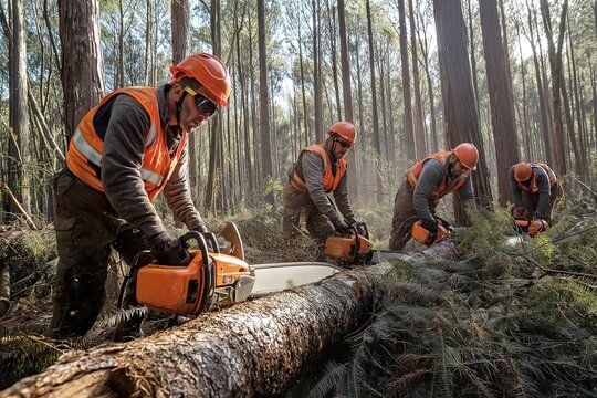 Dedicated forest workers engage in logging eucalyptus trees, showcasing skillful teamwork in a lush woodland environment during the vibrant daylight hours - Powered by Adobe