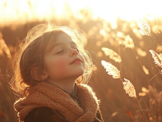 A child inspired by the freedom to imagine and explore, feeling the golden sunlight on her face, breathing in the fresh air, experiencing the joy of nature, a moment of pure childlike wonder, a
