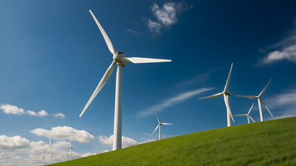 Fototapeta premium Renewable Wind Energy Turbine Generating Electricity in Blue Sky Over Green Field
