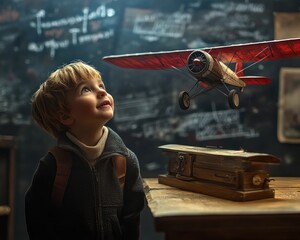 A child inspired by the magic of exploration, gazing up at a vintage model airplane, dreaming of adventure and flight His youthful imagination takes flight, fueled by curiosity and a thirst for