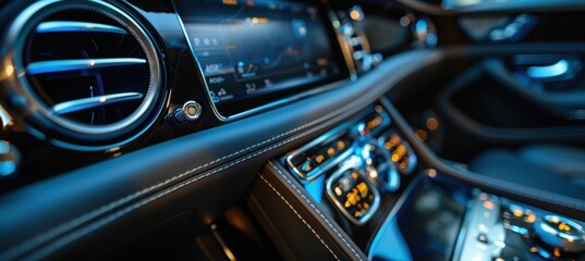 Luxury Car Interior Focused on AC Control Panel with Touchscreen and Leather Details