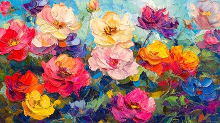 Vibrant Impasto Floral Garden Painting, Colorful Blooms