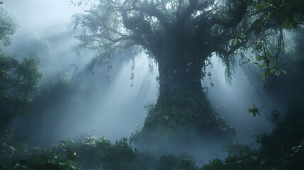 A giant kapok tree standing tall in a misty rainforest with vines and orchids adorning its trunk.