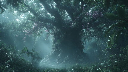 A giant kapok tree standing tall in a misty rainforest with vines and orchids adorning its trunk.
