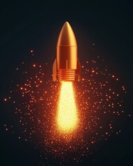 Fototapeta premium A sleek, gold rocket takes off against a dark background, emitting bright sparks and flames, symbolizing adventure and exploration.