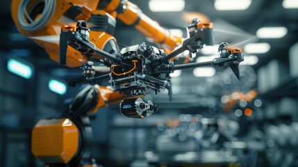 Fototapeta premium Advanced Robotic Arm Assembling Drone Components in High-Tech Factory Setting