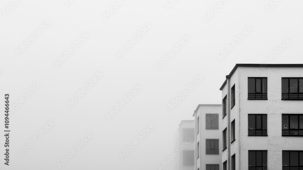 Poster a monochrome image of modern buildings partially obscured by fog, creating a serene and mysterious a