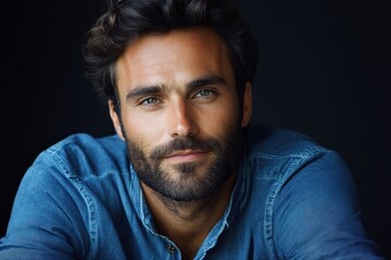 Fototapeta premium Cinematic Studio Portrait Photography A Moody, Dramatic Headshot with a Professional Approach Expertly Lit Studio Portrait showcasing a Male Model with a Denim Shirt High-Resolution Image perfect for