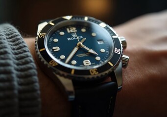 Stylish wristwatch with a dark blue face and silver accents showcased