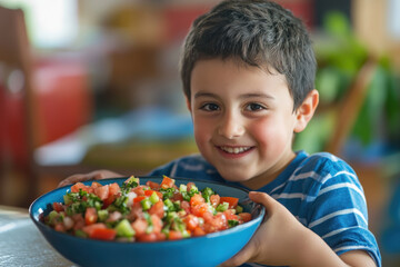 Happy Child Holding a Bowl of Salad