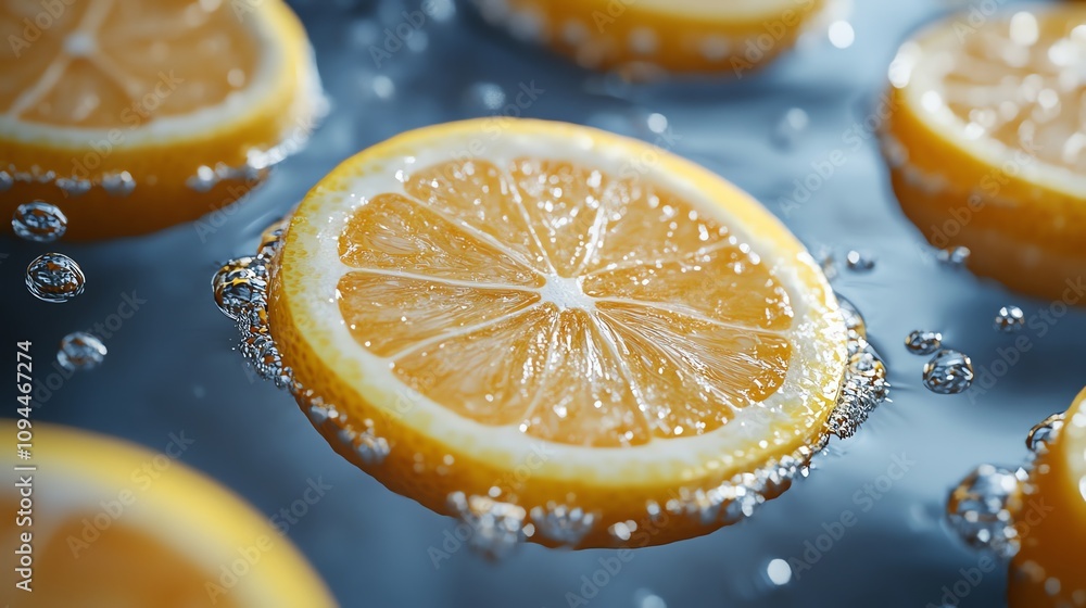 Poster close-up of lemon slices floating in water with bubbles.