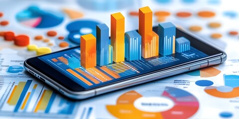 Mobile phone displays vibrant 3D bar graph charts, showcasing business data analysis.