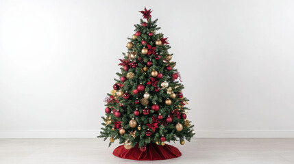 Classic Christmas tree decorated with red and gold ornaments evokes festive joy