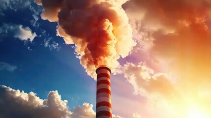 Fototapeta premium A towering smokestack releases thick smoke into a colorful sky at sunset, illustrating industrial pollution and environmental impact.