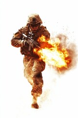 Fototapeta premium Soldier runs, firing flaming rifle, combat.