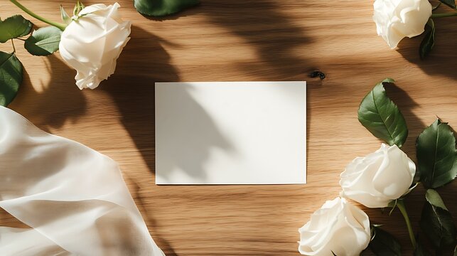 rectangle invitation mockup from above with with rustic wood white roses with ribbon and shadows