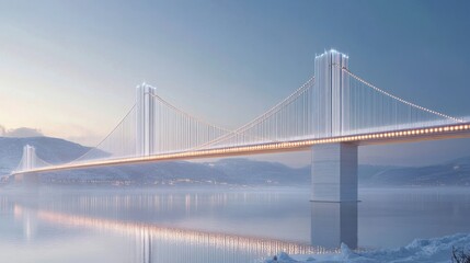 Obraz premium A modern suspension bridge spans a serene, snowy landscape at dusk, illuminated by soft lights.