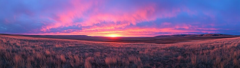 Obraz premium Serene Sunrise over Golden Fields Horizon Glowing Softly with the First Rays of Dawn A breathtaking panorama of a tranquil landscape, capturing the warm hues of sunrise painting the sky and fields