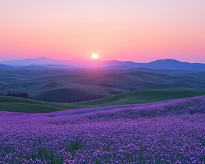 Fototapeta premium Serene Sunrise over Pastoral Fields Breathtaking Panorama of Glowing Lavender Fields at Dawn, showcasing the picturesque rolling hills and tranquil atmosphere of a pastoral landscape bathed in the