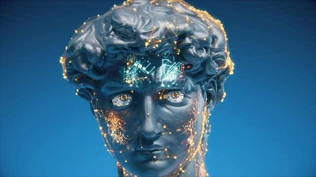 3D render of an artificial intelligence made is made up of lines and connections, blue minimalistic background