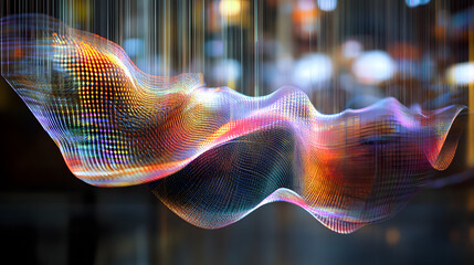 A holographic installation displaying a rotating abstract form suspended in mid-air.