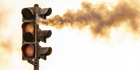 A traffic light emits smoke against a hazy background, highlighting urban pollution and traffic conditions.