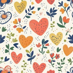 A whimsical pattern featuring colorful hearts and flowers on a light background.