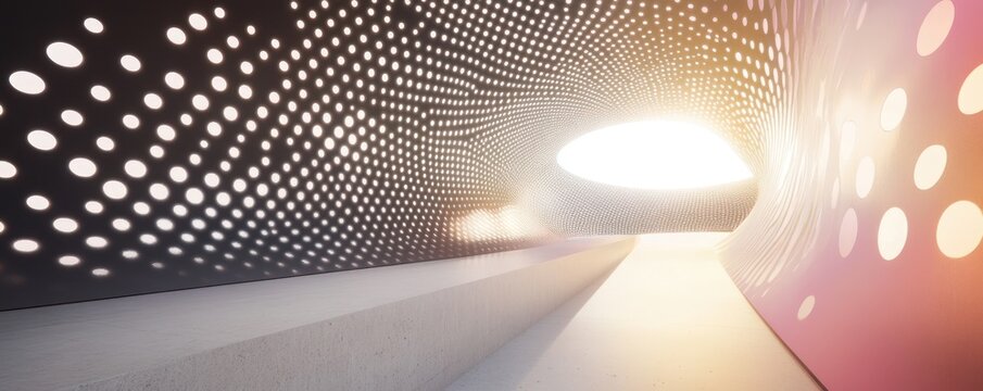 A futuristic corridor with light and patterned walls, suggesting a modern architectural design.