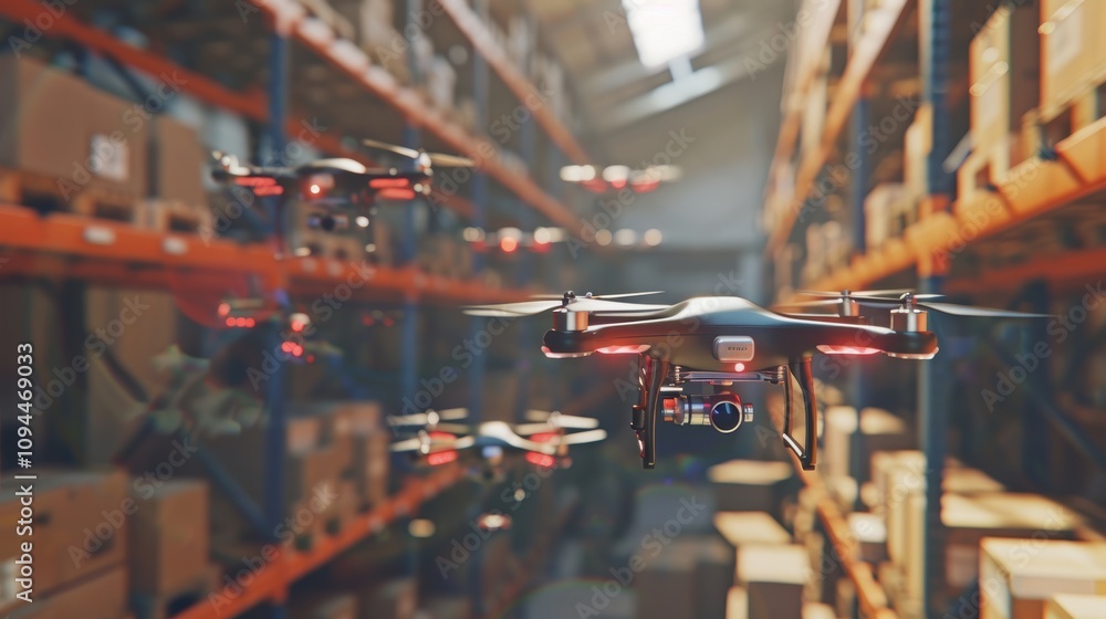 Poster advanced drones conducting real-time inventory checks in a modern warehouse