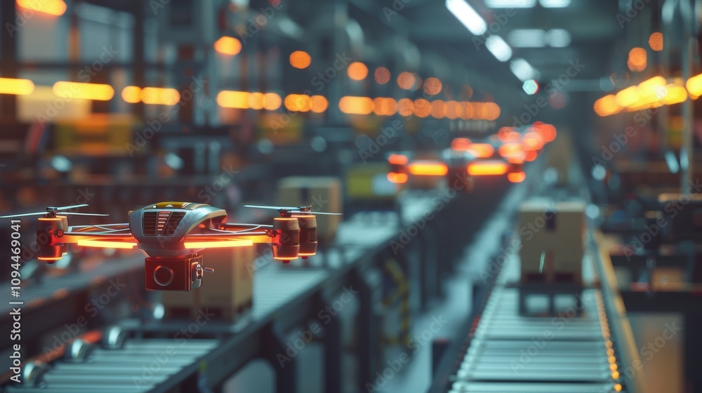 Poster autonomous drones in high-tech warehouse for efficient package transportation