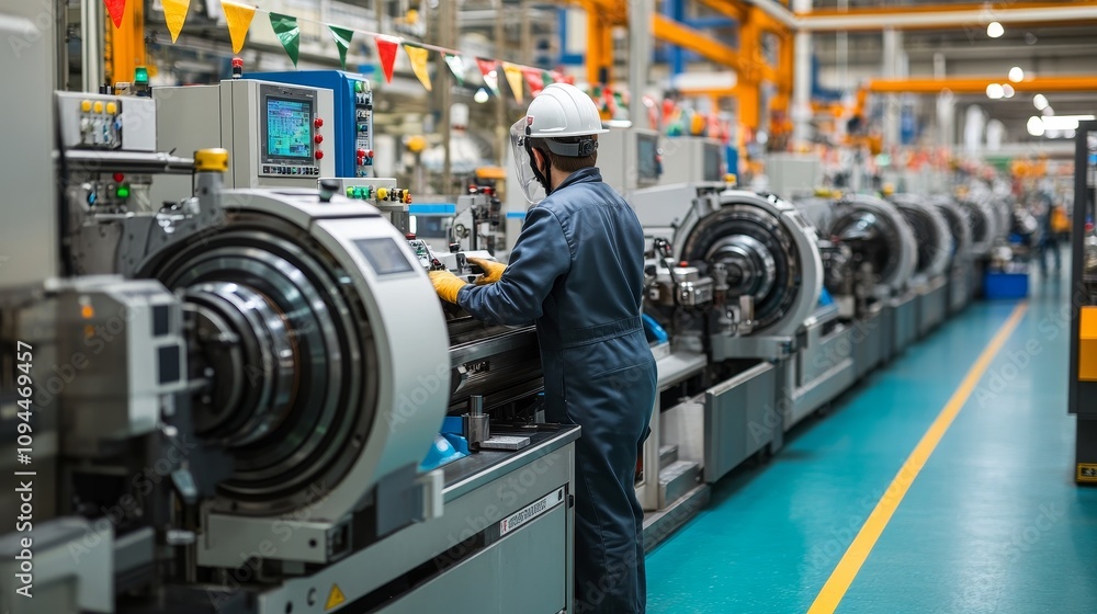 Poster a factory worker operating machinery on an assembly line