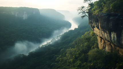 A jungle cliffside overlooking a river valley with mist rolling through the treetops.
