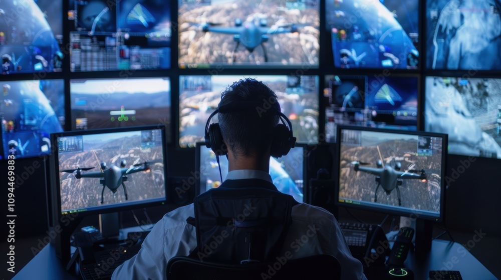 Aufkleber engineers overseeing drone operations in a high-tech control room for efficient logistics management