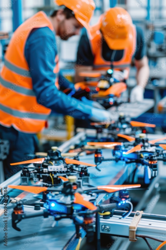 Poster engineers conducting drone inspections in high-tech factory setting