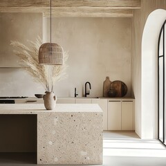 Minimalist Kitchen with Earthy Tones and Natural Materials
