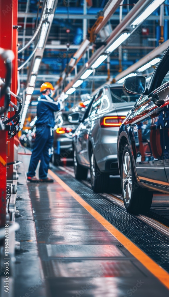 Aufkleber engineers conducting software updates at car assembly line in bright, organized factory setting