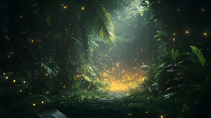 A jungle night scene with glowing fireflies creating a magical atmosphere under the canopy.