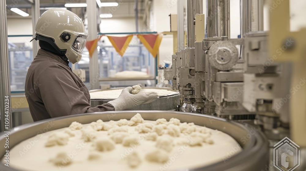 Poster worker in a factory operating a food processing machine