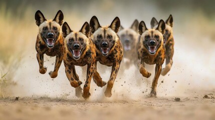 A pack of wild dogs cooperates in a high-speed chase across the Savannah, their agility and teamwork a breathtaking display of natural coordination. 